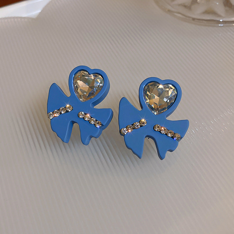 Arzonai Retro sweet blue diamond heart 925 silver needle earrings Korean simple fashion temperament high-end ins earrings female