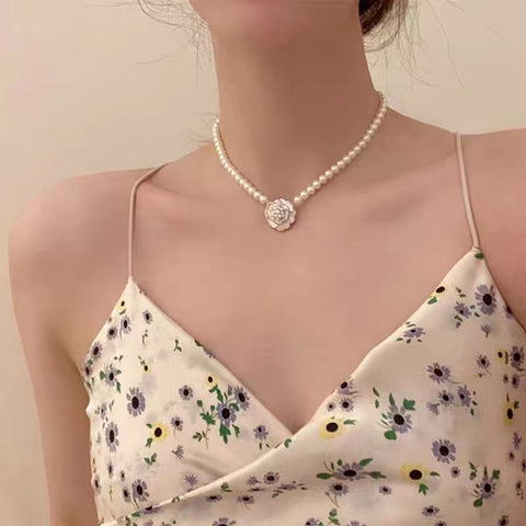 Arzonai Camellia pearl necklace female collarbone chain chocker necklace flower Korean version Korean style Dongdaemun with the same paragraph simple