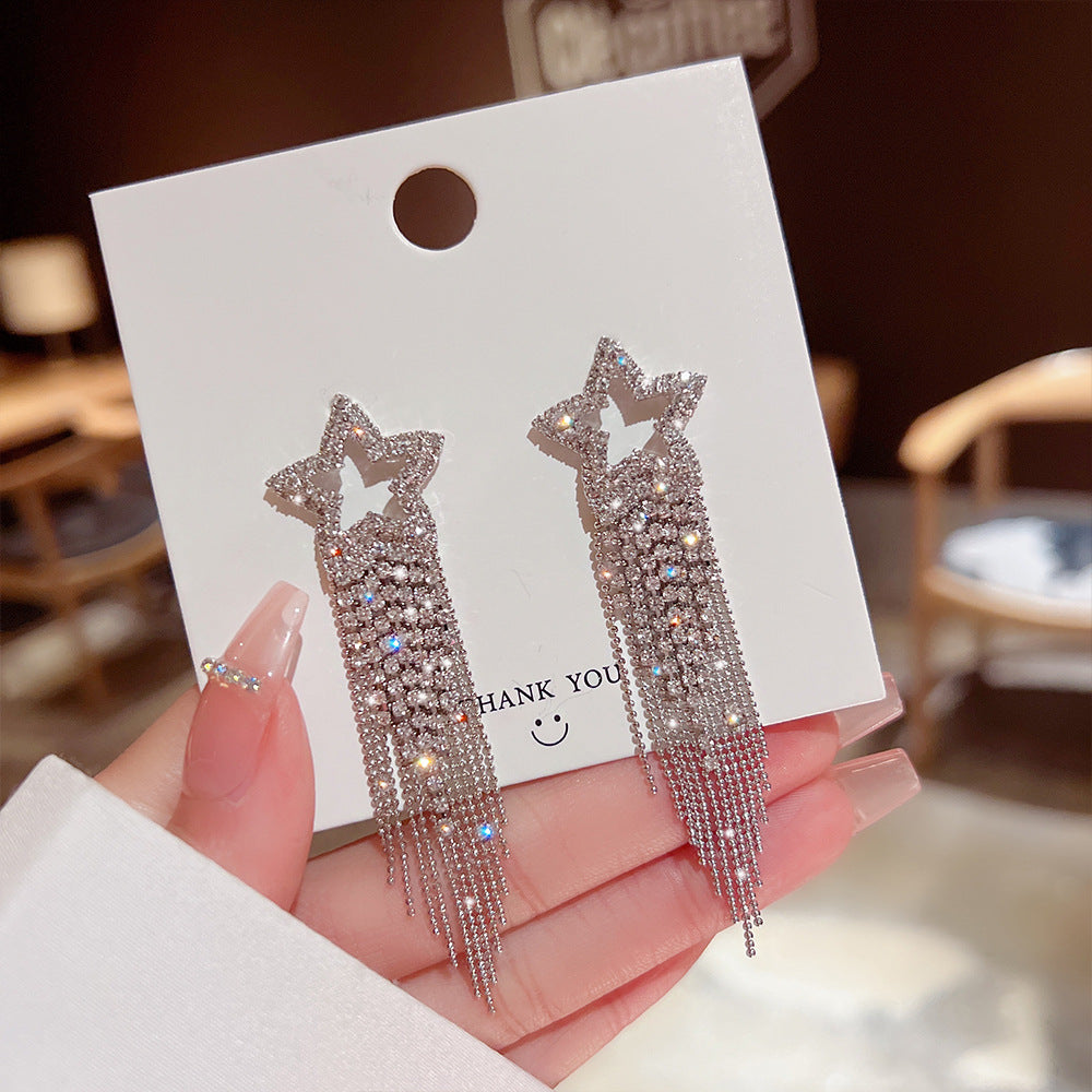Arzonai Temperament Luxury Gift For Women Tassel Star Crystal Accessories Long Drop Earrings Stud Earrings Jewelry Dangle Earring for women and Girls