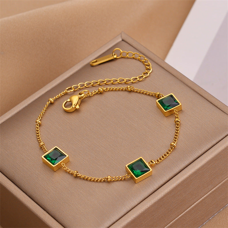 Arzonai European and American hot-selling Chinese style ins trendy niche design gold square emerald zircon titanium steel bracelet