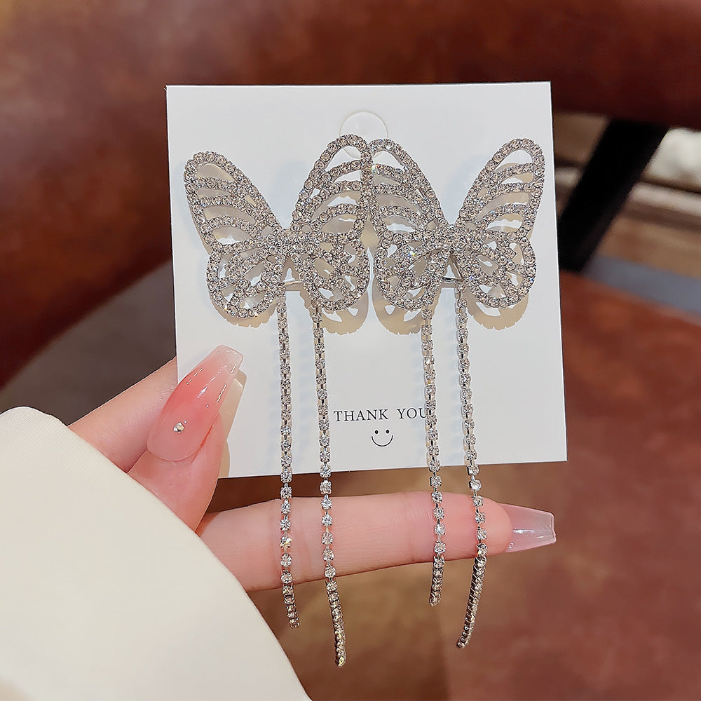 Arzonai Korean version full diamond butterfly tassel long earrings 925 silver needle earrings super flash Japanese and Korean fashion earlines can be removed