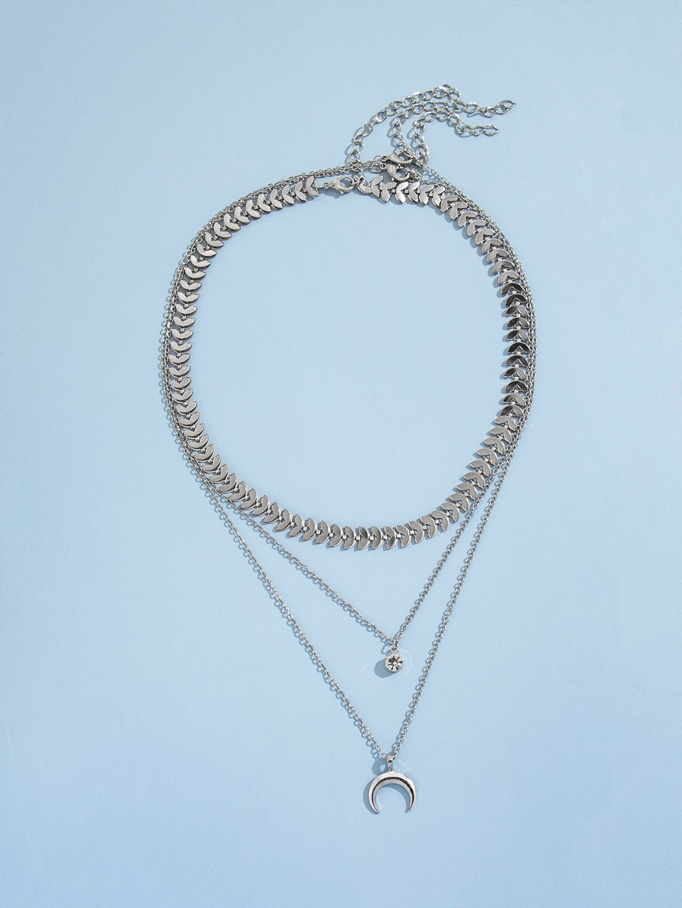 Arzonai European and American fashion personality necklace multi-layer three-layer clavicle chain moon crescent rhinestone pendant necklace 3 pieces