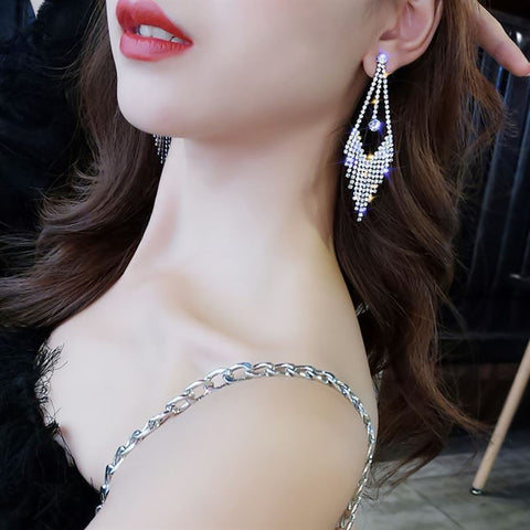 Arzonai Temperament long tassel earrings female net red 2022 new trend Korean full diamond trend high-end light luxury earrings
