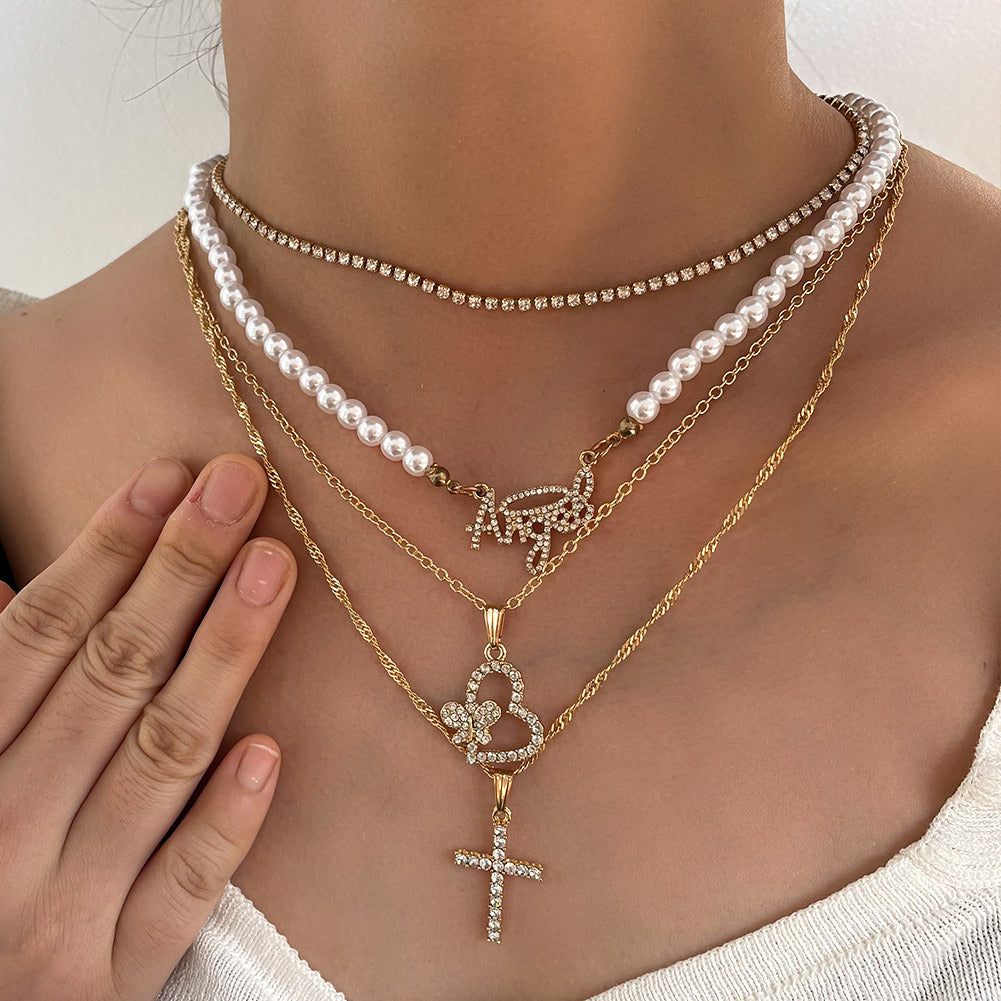 Arzonai  creative personality art word angel pendant butterfly love accessories cross imitation pearl necklace