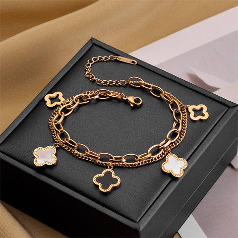 Arzonai 2022 Korean style titanium steel bracelet women's four-leaf clover double-layer chain high-end niche design does not fade hand jewelry