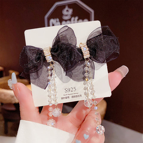 Arzonasuper fairy bow earrings tassel long crystal high-end luxury ladies exaggerated earrings temperament wholesale for women and Girls