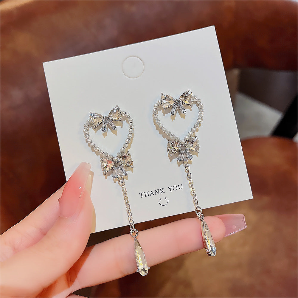 Arzonai Long earrings temperament tassel pearl earrings 2022 new trendy high-end bows niche design earrings