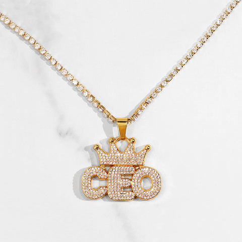 Arzonai  diamond crown CEO pendant necklace water droplet stitching letter pendant tennis chain micro-set men and women necklace
