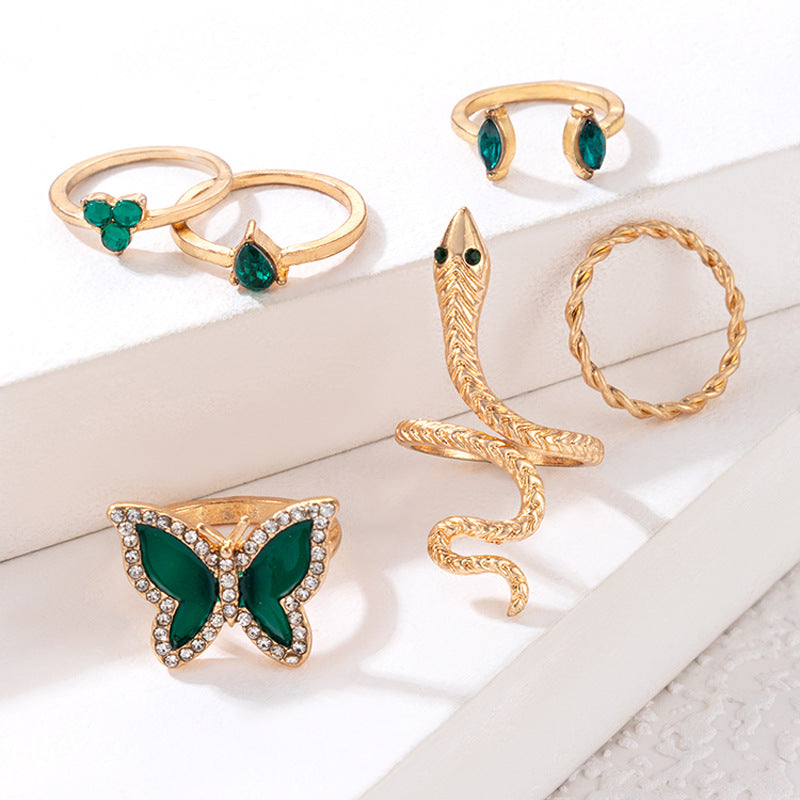 Arzonai European and American light luxury jewelry green butterfly diamond snake ring six-piece water drop imitation emerald ring set