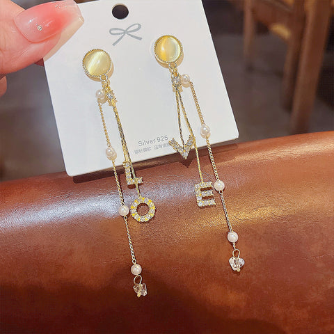 Arzonai Fashion design sense LOVE letter tassel earrings personality long earrings opal pearl earrings silver needle wholesale