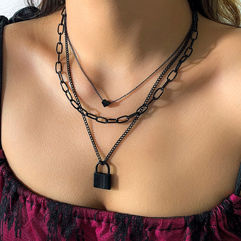 Arzonai European and American cross-border dark punk style black cross chain stacked necklace sweet cool geometric love lock necklace female