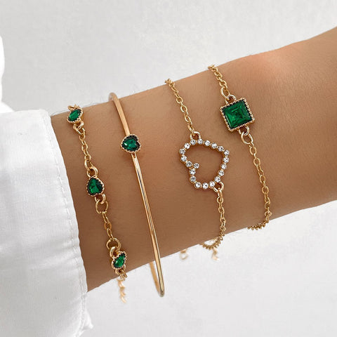 Arzonai Cross-border hot spot temperament emerald square rhinestone bracelet full of diamonds love peach heart bracelet set of 4