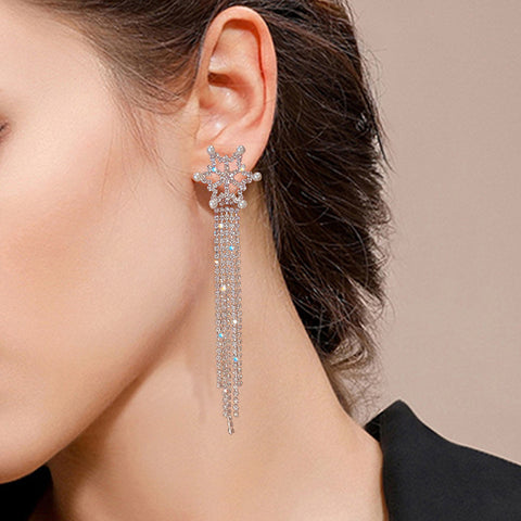 Aroznai Super flashing snowflake tassel earrings 2022 new trendy Korean temperament long section show face thin exaggerated high-end earrings