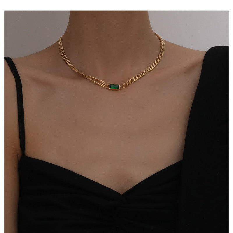 Arzonai Emerald Zircon Double Chain Necklace Bracelet Ring Set Double Chain Stacked Retro Small Square Set Ornament