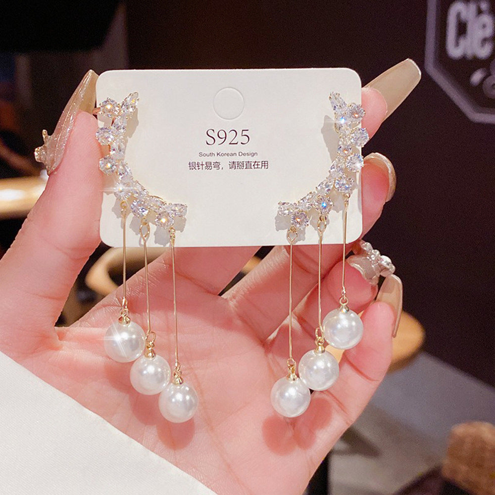 Arzonai South Korea's new earring fairy 925 silver needle pearl tassel ear clip earrings fashion temperament earrings personality earrings female