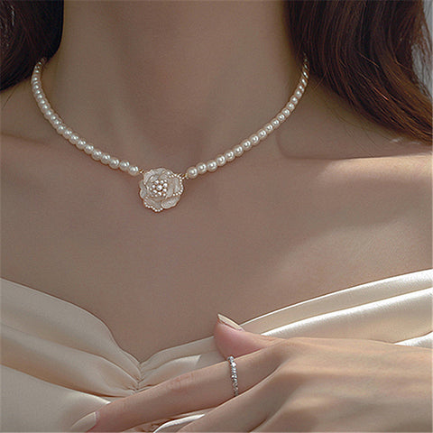 Arzonai Camellia pearl necklace female collarbone chain chocker necklace flower Korean version Korean style Dongdaemun with the same paragraph simple