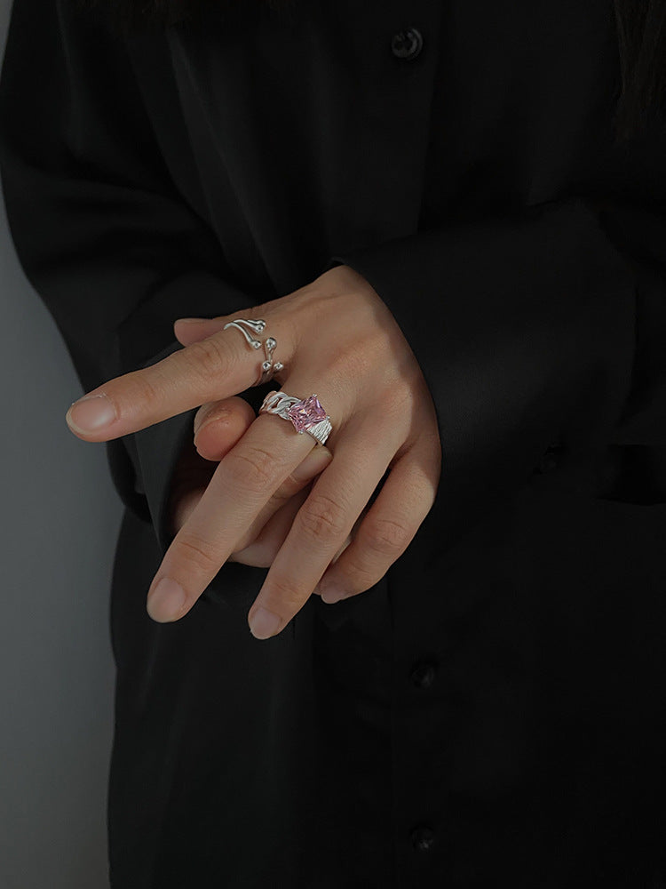 Arzonai Korean version of ins personality exaggerated fashion niche design high-end zircon pink diamond cold wind index finger ring female