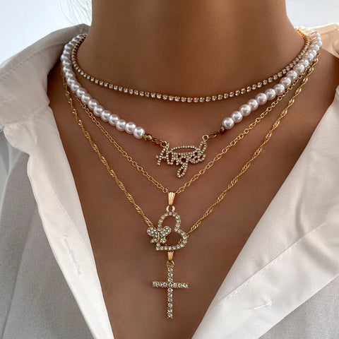 Arzonai  creative personality art word angel pendant butterfly love accessories cross imitation pearl necklace