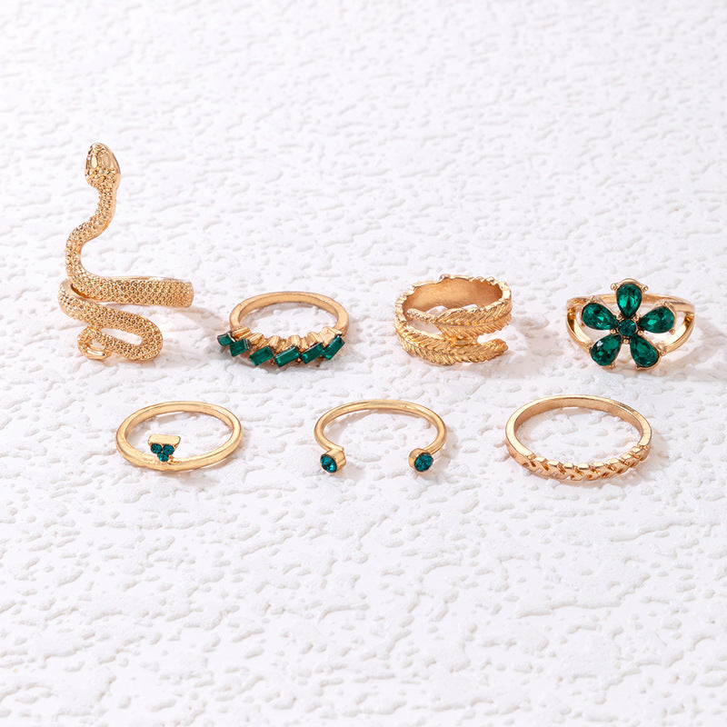 Arzonai WISH new imitation gemstone flower feather snake ring set geometric irregular diamond ring seven-piece set