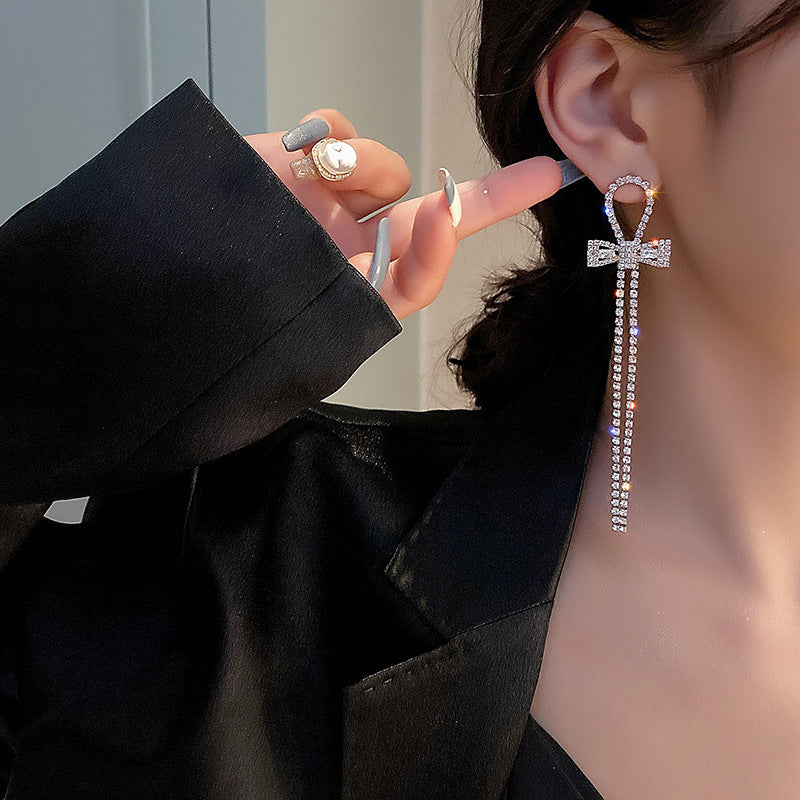 Arzonai 925 silver needle fashion full diamond bow earrings high-quality net celebrity earrings celebrity light luxury tassel earrings wholesale