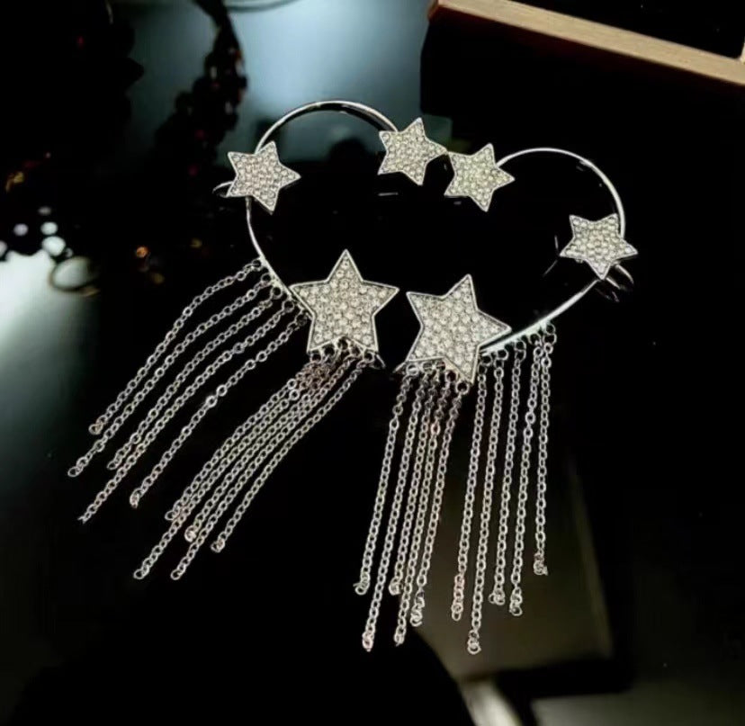 Arzonai 2Pc/1Pair  Korean version of fashion five-pointed star tassel chain without ear holes ear hanging star diamond earrings earrings  for women and Girls