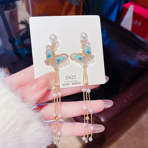 Arzonai Silver needle super fairy butterfly earrings women's high-end temperament pearl tassel earrings high-quality personality celebrity earrings women
