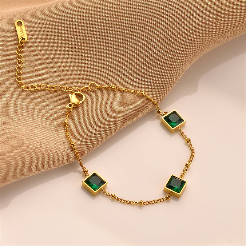Arzonai European and American hot-selling Chinese style ins trendy niche design gold square emerald zircon titanium steel bracelet