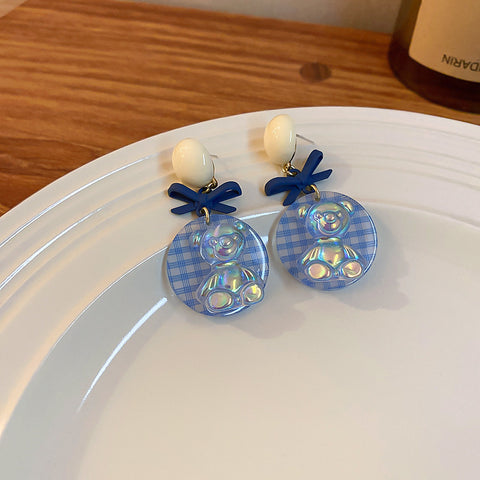 Arzonai Fresh Blue Bowknot Bear Circle Earrings Korean Design Sense Cute Girly Stud Earrings Earrings Female Fashion