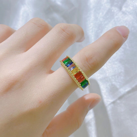 Arzonai Cross-border color creative niche light luxury fashion real gold ring opening adjustable rainbow zircon ring for men and women