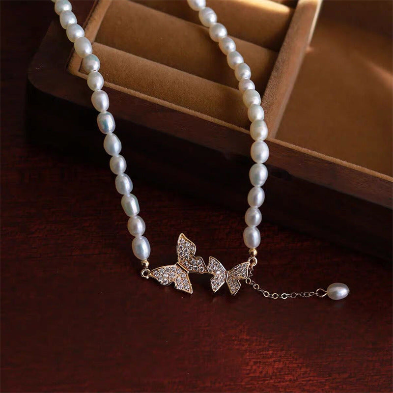 Arzonai Japanese and Korean butterfly pearl necklace light luxury choker collarbone chain 2022 new necklace female summer niche temperament