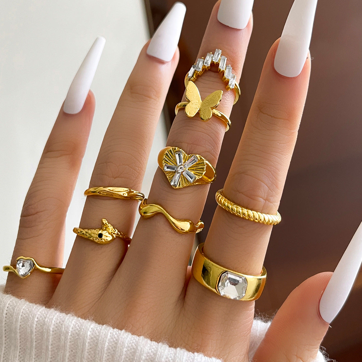 Arzonai European and American cross-border personalized metal snake ring women's rhinestone square diamond snake butterfly love ring 9-piece set