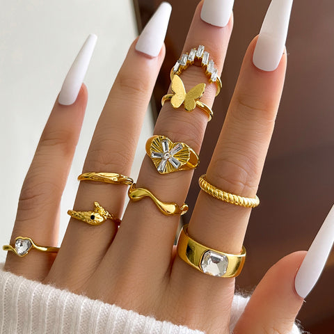 Arzonai European and American cross-border personalized metal snake ring women's rhinestone square diamond snake butterfly love ring 9-piece set