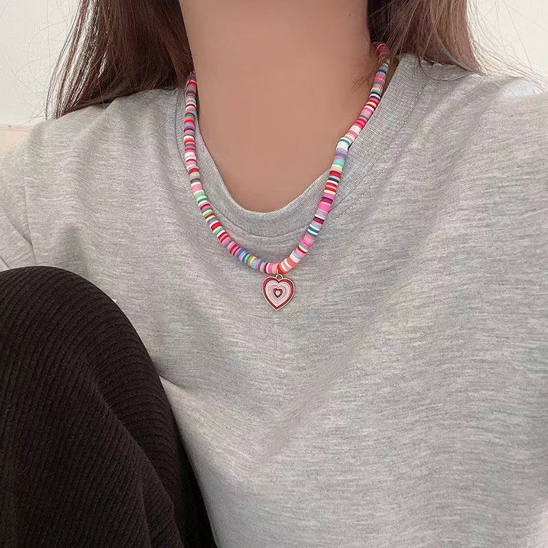 Arzonai ins light luxury niche color soft pottery heart-shaped love rainbow pendant necklace female Hyun Ya style girl heart clavicle chain