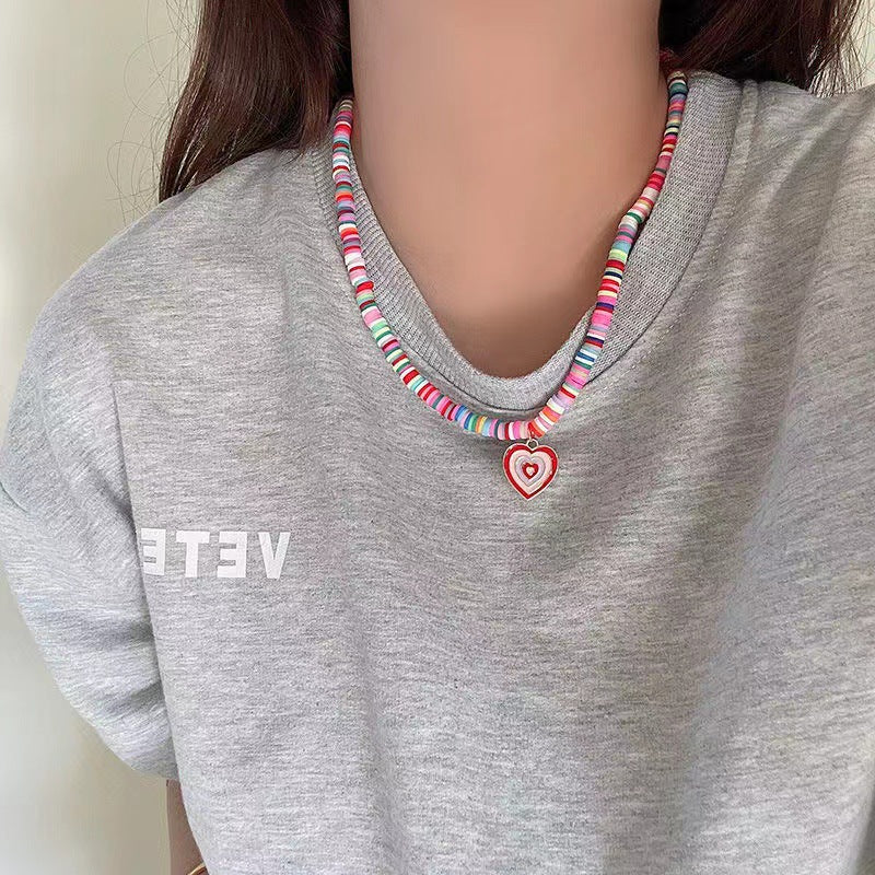 Arzonai ins light luxury niche color soft pottery heart-shaped love rainbow pendant necklace female Hyun Ya style girl heart clavicle chain