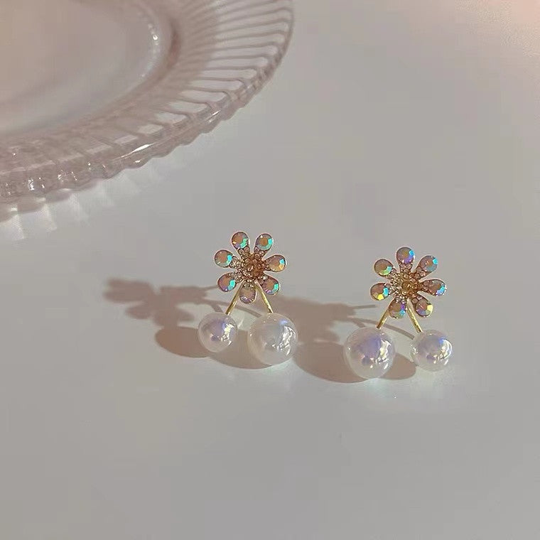 Arzonai Mermaid Ji Pearl Diamond Flower Earrings Korean High-end Fashion Earrings All-match Light Luxury Earrings