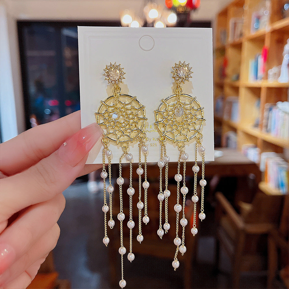 Arzonai Korean version of pearl dreamcatcher a two-wear diamond earrings niche 925 silver needle earrings new trendy earrings