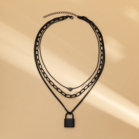 Arzonai European and American cross-border dark punk style black cross chain stacked necklace sweet cool geometric love lock necklace female