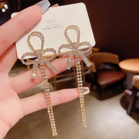 Arzonai  full diamond long bow earrings Korea 2022 new zircon tassel earrings fairy earrings for women