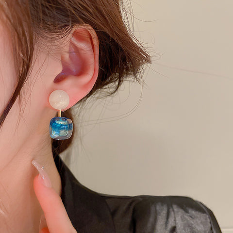 Arzonai Retro Blue Resin Geometric 925 Silver Needle Stud Earrings Korean Dongdaemun Fashion Simple Ins Temperament Net Red Earrings