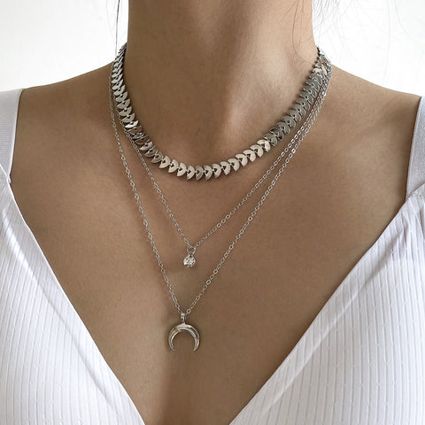 Arzonai European and American fashion personality necklace multi-layer three-layer clavicle chain moon crescent rhinestone pendant necklace 3 pieces