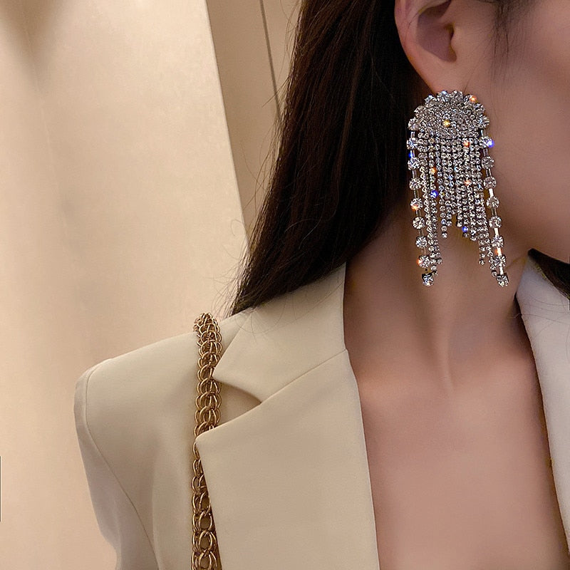 Arzonai  Shine Women's Geometric Rhinestone Drop Earrings Chain Dangle Statement Jewelry Long Tassel Crystal