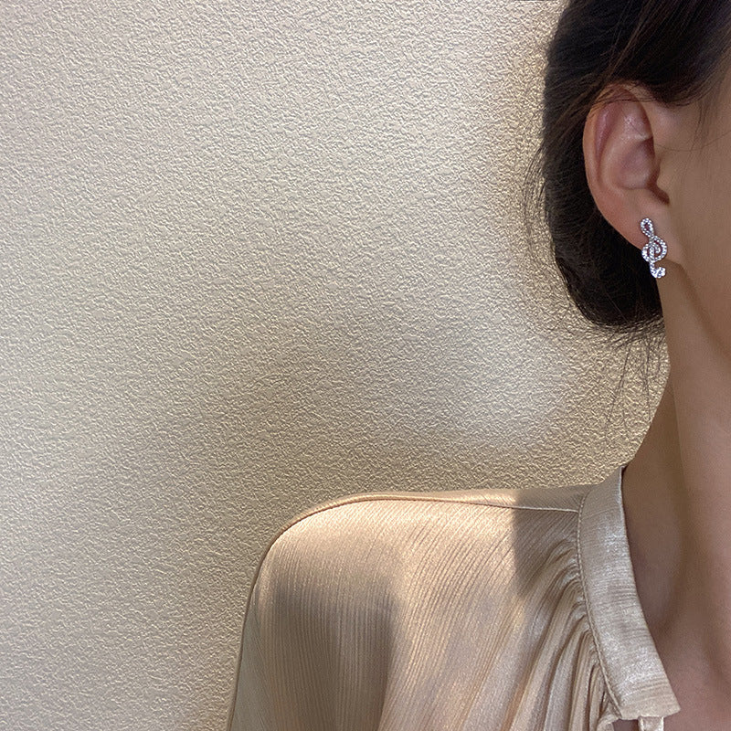 Arzonai New ins style diamond-studded note asymmetric earrings female Korean net celebrity personality super flash S925 silver needle earrings tide