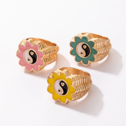 Arzonai Japanese and Korean new simple fashion flower gossip ring set ins style cute and fun Tai Chi ring 3-piece set