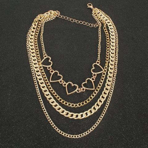 Arzonai Vintage Multi-Layered Love Heart Pendant Choker Necklace Set Boho Golden Stars Long Chain Necklaces Women