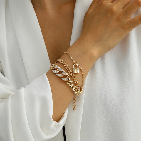 Arzonai Fashion simple European and American cross-border alloy jewelry personality exaggerated multi-layer micro-encrusted diamond lock pendant bracelet women's bracelet