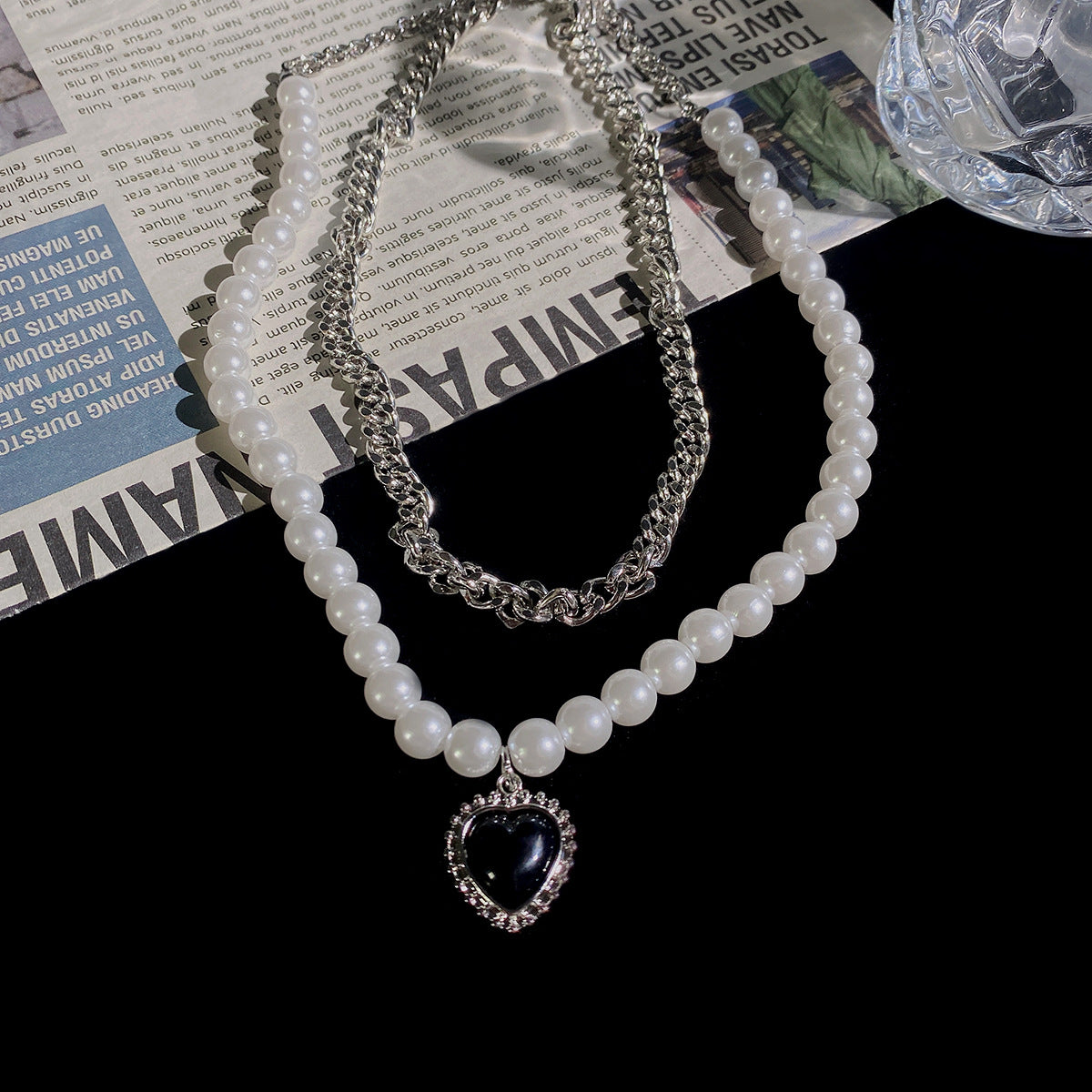 Arzonai Double layered black love pendant necklace female ins cold wind retro fashion temperament pearl clavicle chain tide