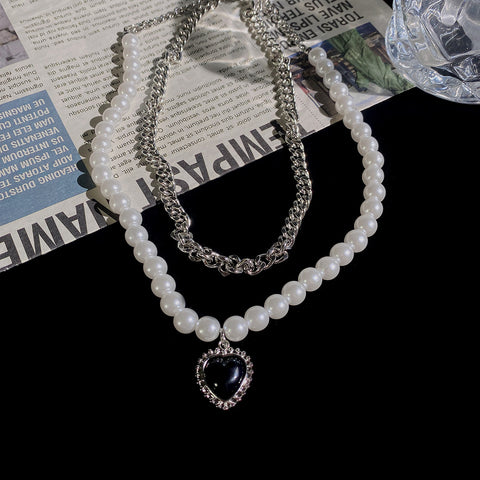 Arzonai Double layered black love pendant necklace female ins cold wind retro fashion temperament pearl clavicle chain tide