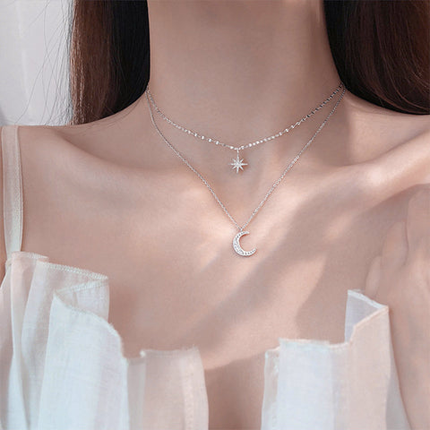 Arzonai Eight-pointed star moon double-layer necklace women's light luxury niche design sense stacked collarbone chain  new trend