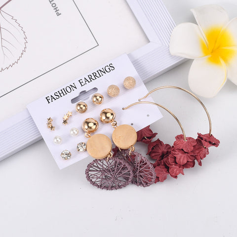 Arzonai new circle wooden dream catcher star earrings set temperament flower earrings 7-piece set