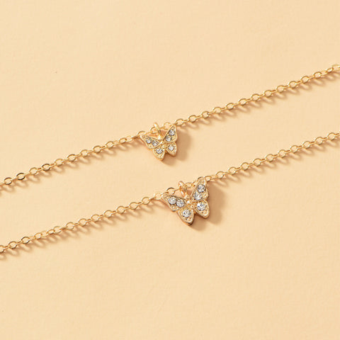 Arzonai  simple new product double-layer butterfly small diamond design temperament fashion necklace clavicle chain two-piece set